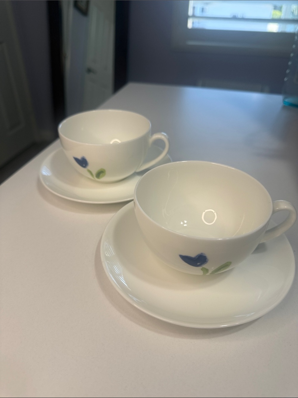 Crate&Barrel Anna’s Artistry Blue Flower Bone China Teacup and Saucer Set of Two